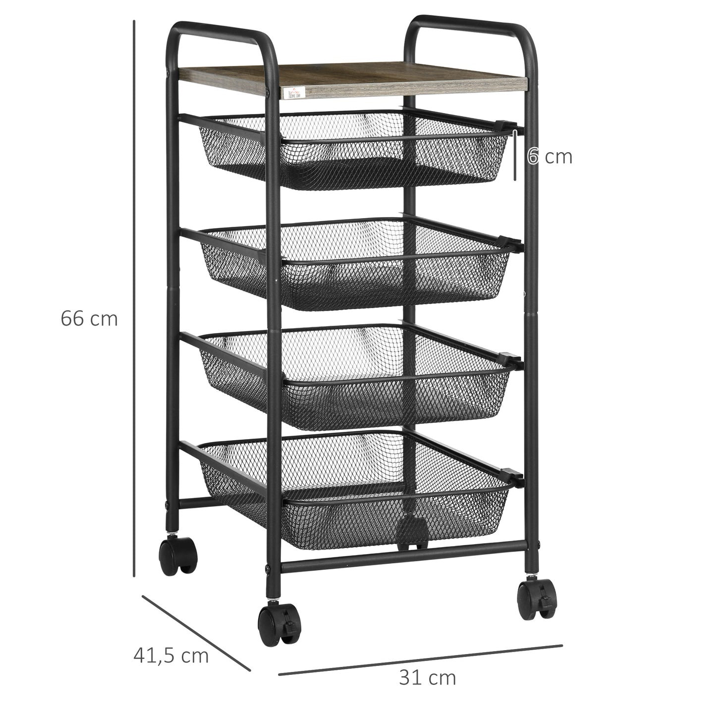 HOMCOM Rollwagen mit 4 Körben, Küchenwagen, 4 Räder mit 2 Bremsen, Allzweckwagen, Schwarz, 41,5 x 31 x 66 cm