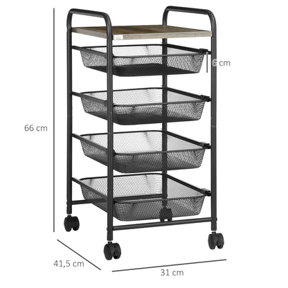 HOMCOM Rollwagen mit 4 Körben, Küchenwagen, 4 Räder mit 2 Bremsen, Allzweckwagen, Schwarz, 41,5 x 31 x 66 cm