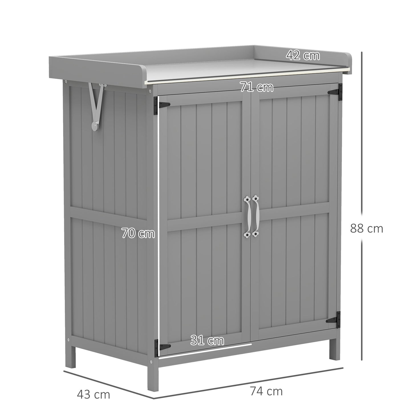 Outsunny Gartenschrank, Werkzeugschrank für den Außenbereich, mit Arbeitsfläche, Holz und Edelstahl, Doppeltüren, Grau