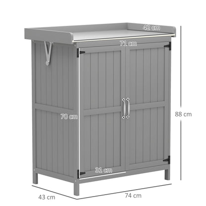 Outsunny Gartenschrank, Werkzeugschrank für den Außenbereich, mit Arbeitsfläche, Holz und Edelstahl, Doppeltüren, Grau