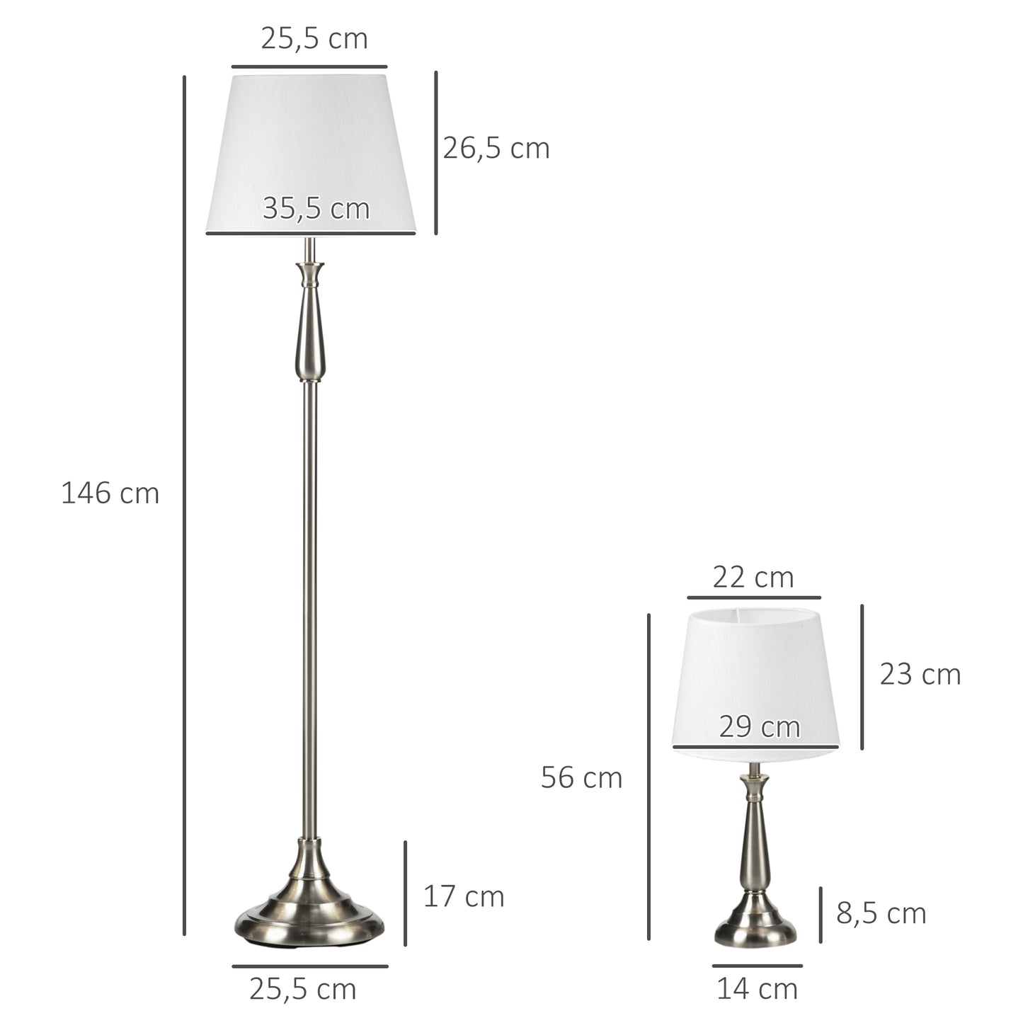 HOMCOM 3-teiliges Lampenset im Vintage-Design, 2 Tischleuchten, 1 Stehleuchte, 35,5 cm x 35,5 cm x 146 cm, Silber + Weiß