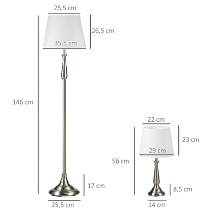 HOMCOM 3-teiliges Lampenset im Vintage-Design, 2 Tischleuchten, 1 Stehleuchte, 35,5 cm x 35,5 cm x 146 cm, Silber + Weiß