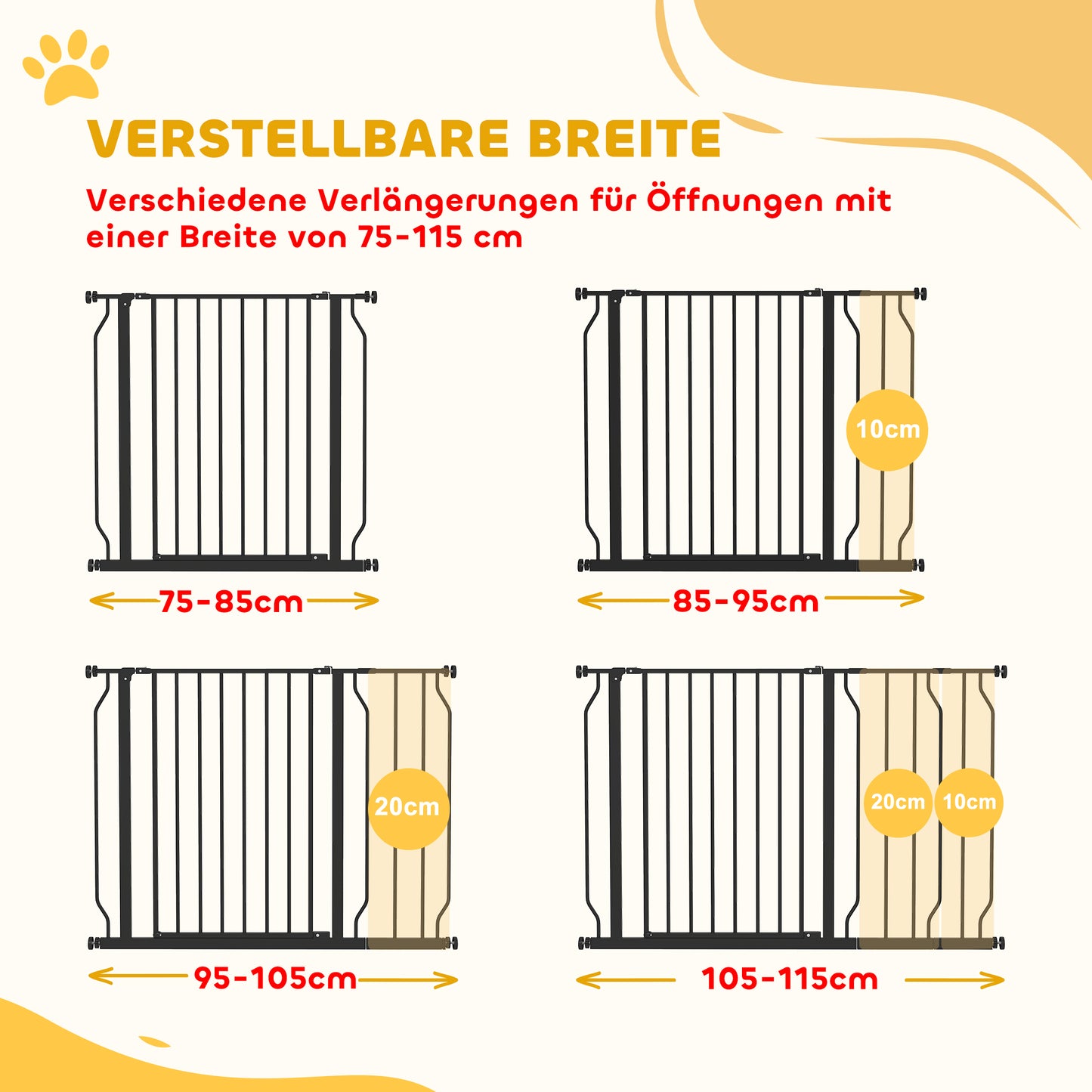 PawHut Hunde-Absperrgitter, Klemmmontage, verstellbare Länge, Stahl/ABS, 75-115 x 76cm, Schwarz