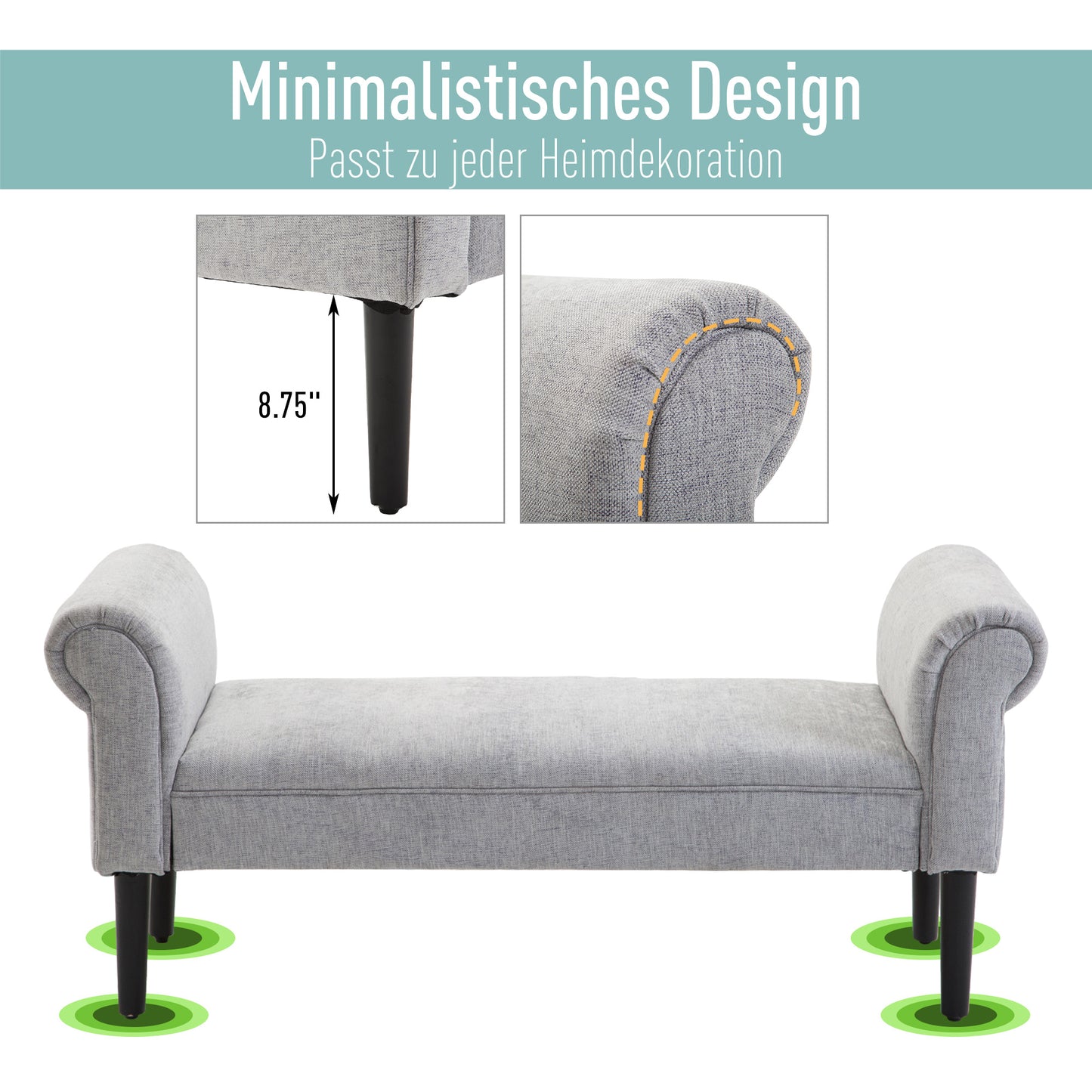 HOMCOM Polsterbank Sitzbank Lounge Sitzhocker Flurbank Bettbank elegant mit gerollten Seiten Leinenstoff Schaumstoff Polyester Hellgrau 132 x 45,5 x 58 cm