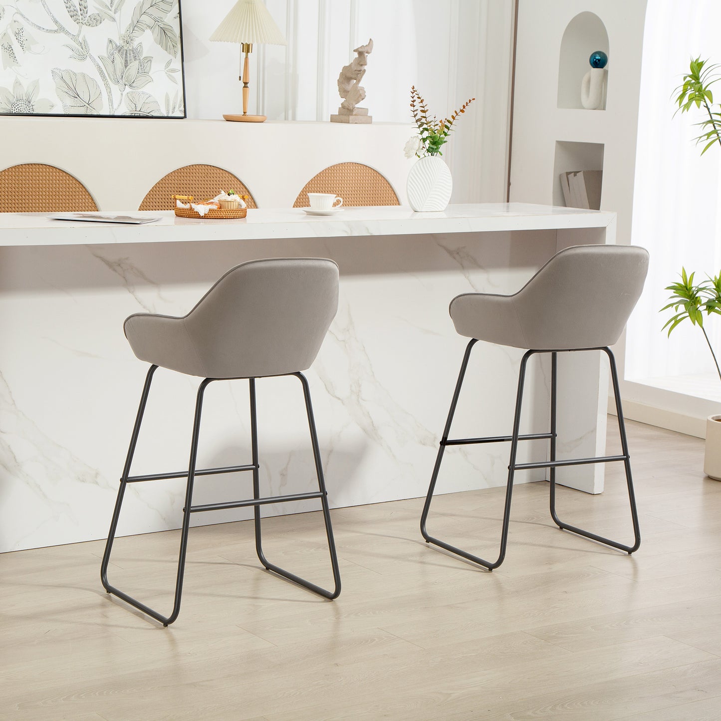 HOMCOM 2er-Set Barstühle، Barhocker mit Stoffbezug und Schaumstoffpolsterung، Polsterhocker mit Metallbeinen، Grau