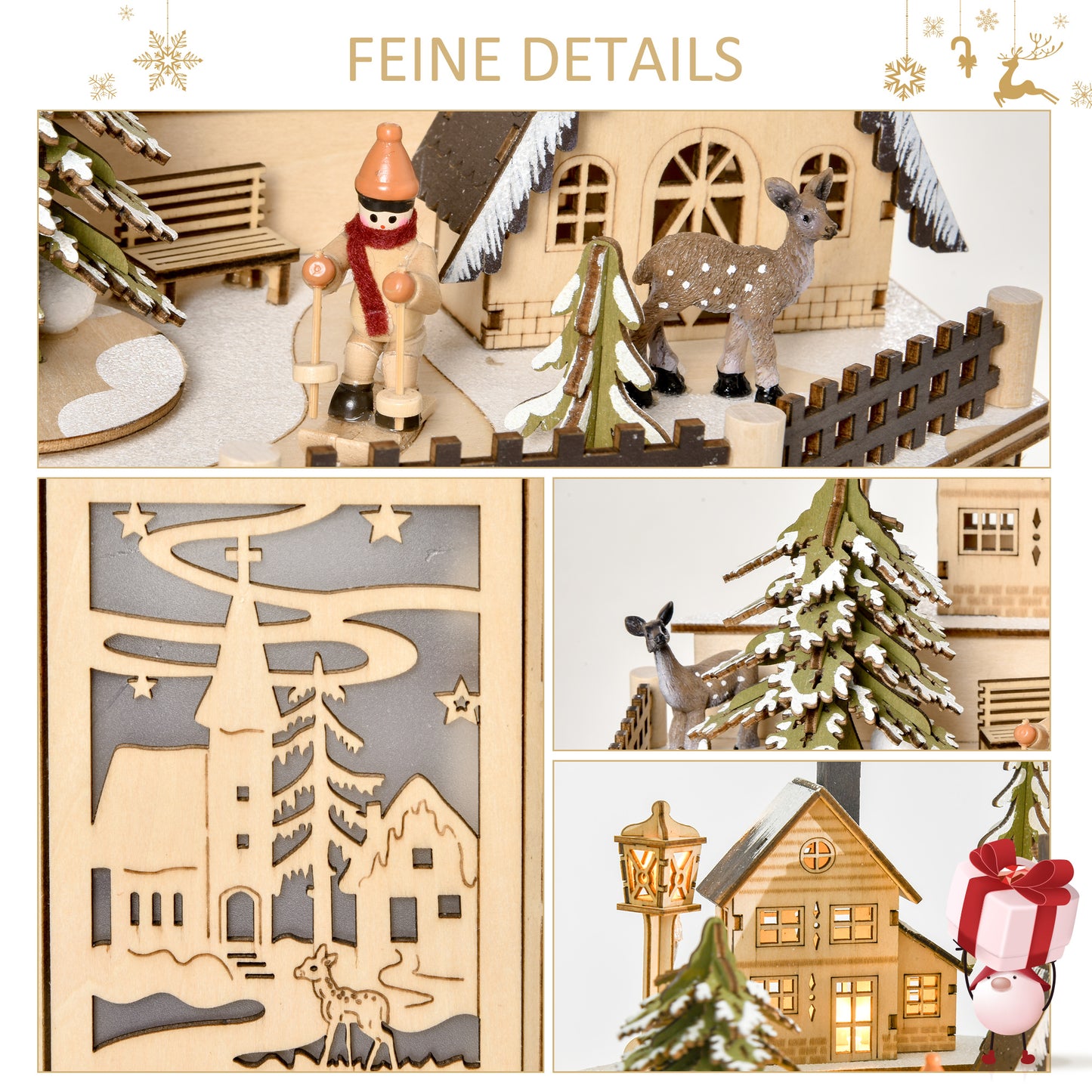 HOMCOM Adventskalender Adventskalenderbox Weihnachtsdekoration, LED-Lichter, 24 Schubladen, Natur