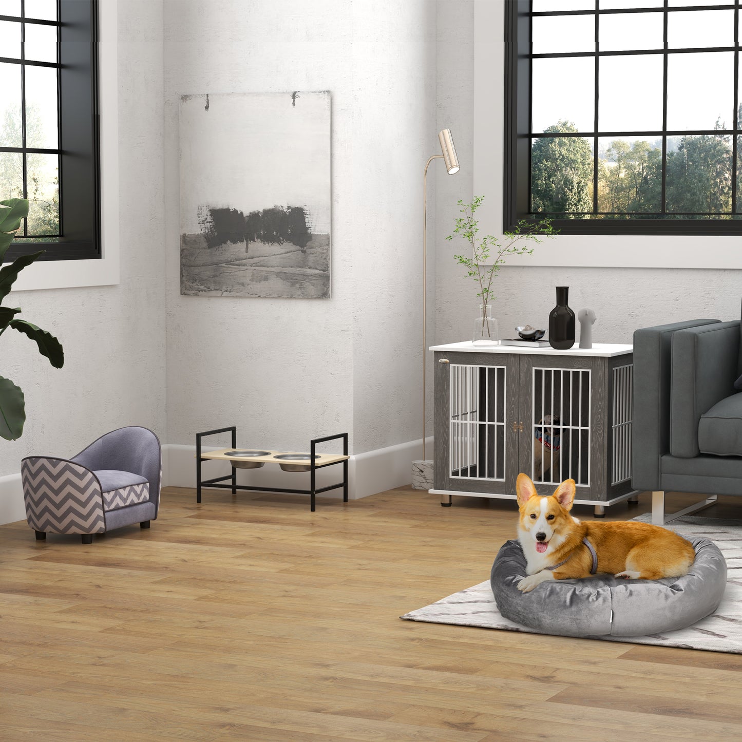 PawHut Haustiersofa Hundecouch Hundesofa Hundebett Hundematte Katze Kissen gepolstert Holz Schaumstoff Grau 68,5 x 40,5 x 40,5 cm