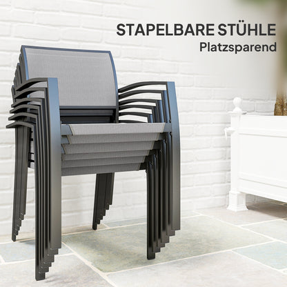 Outsunny 7-teiliges Ess-Set, 6 Stühle, 1 Tisch, stapelbar, leicht zu reinigen, Stahlrahmen, Gartenmöbel-Set, Grau