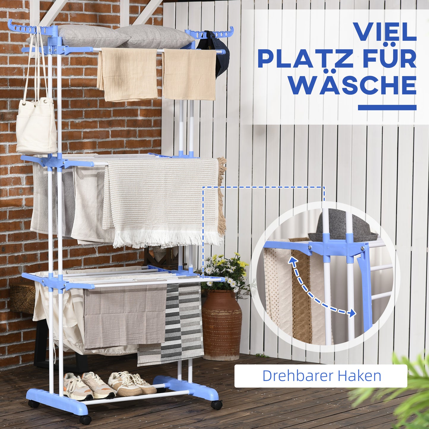 HOMCOM Wäscheständer, 4 Ebenen, klappbar, 4 Rollen mit 2 Bremsen, Metallrahmen, Blau+Weiß, 73 x 64 x 177cm
