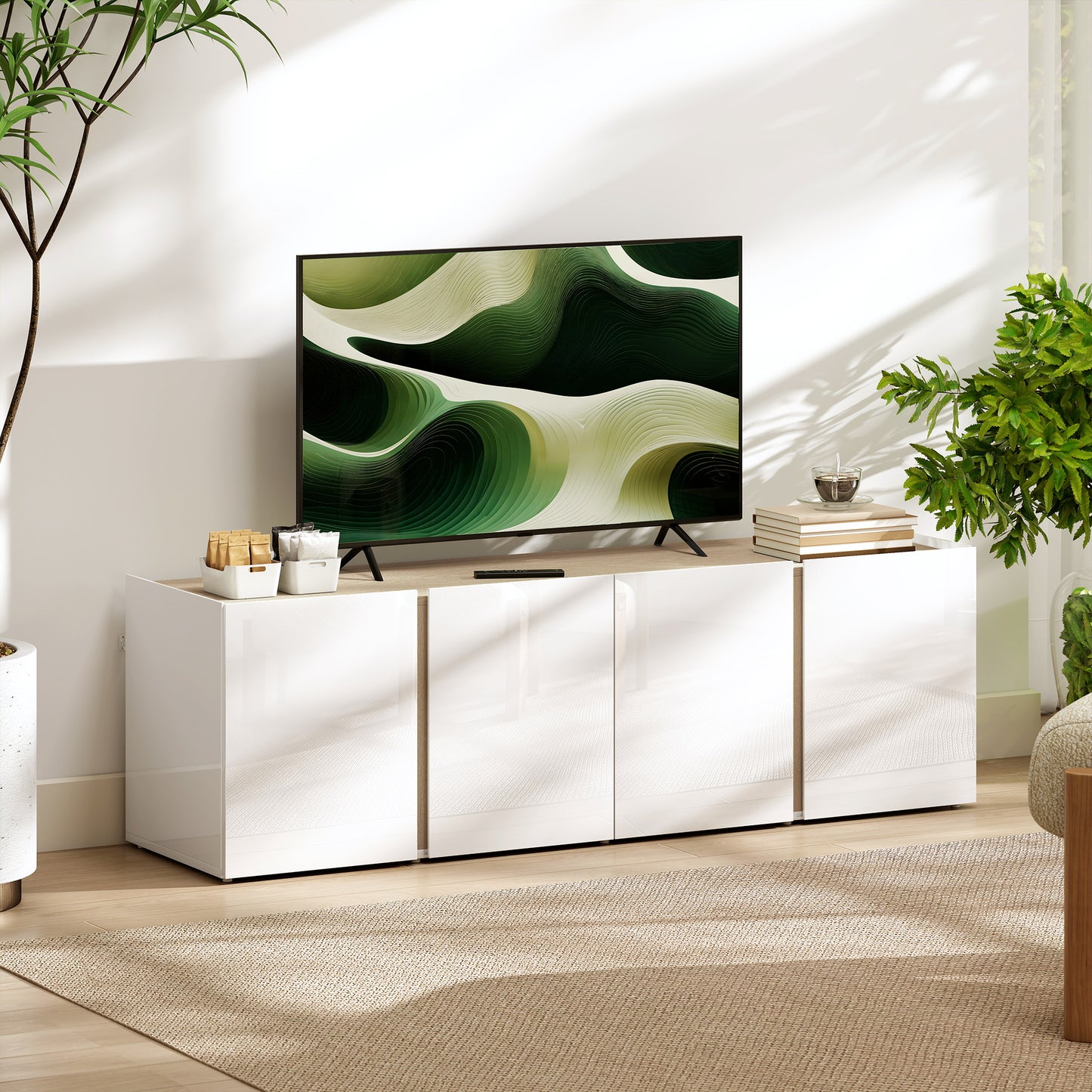 HOMCOM TV-Kommode für 65-Zoll-Fernseher, Fernseh-Schrank mit Soft-Close-Türen, anpassbare Regale, Kabellöcher, für Wohnzimmer, Weiß