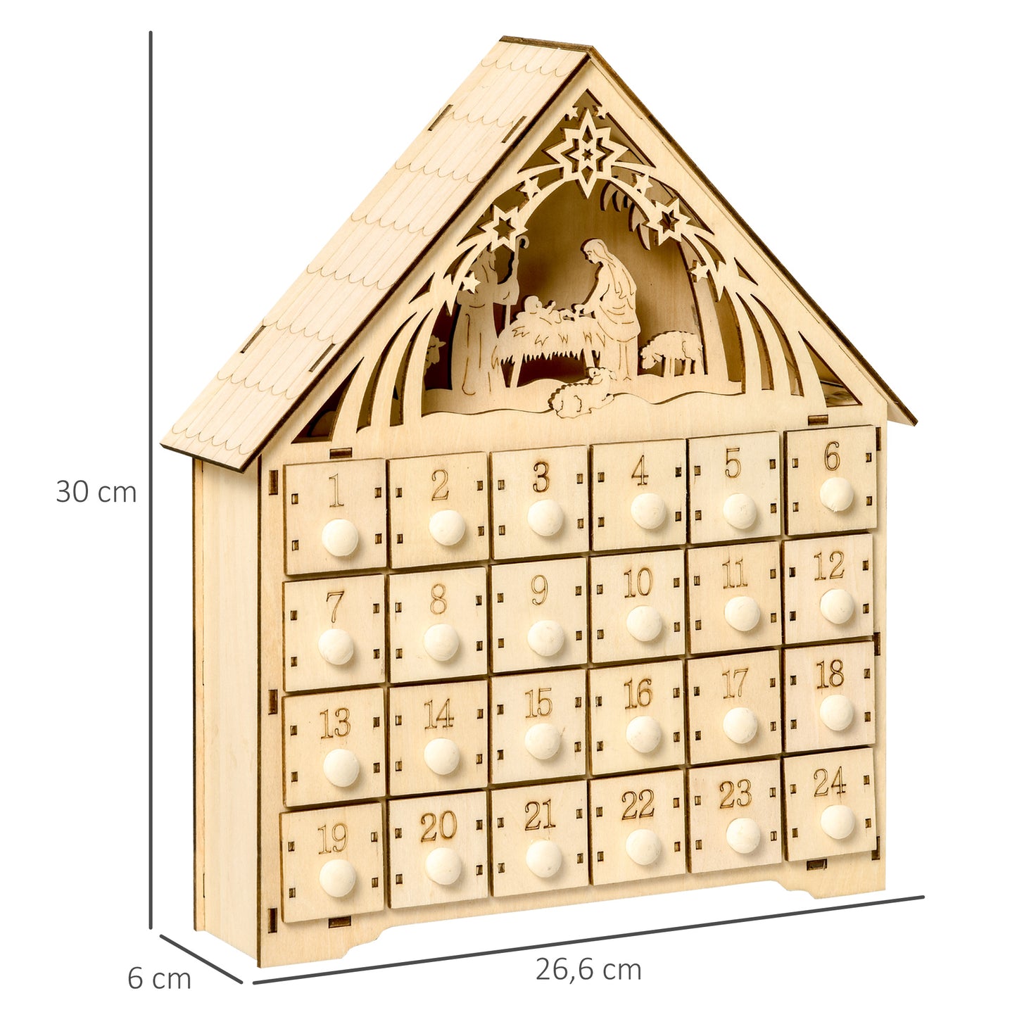 HOMCOM Adventskalender mit LED-Beleuchtung, 24 Schubladen, Krippenszene, 26,6x6x30 cm, Holzoptik