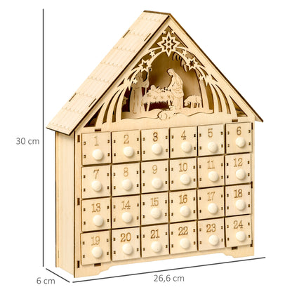 HOMCOM Adventskalender mit LED-Beleuchtung, 24 Schubladen, Krippenszene, 26,6x6x30 cm, Holzoptik