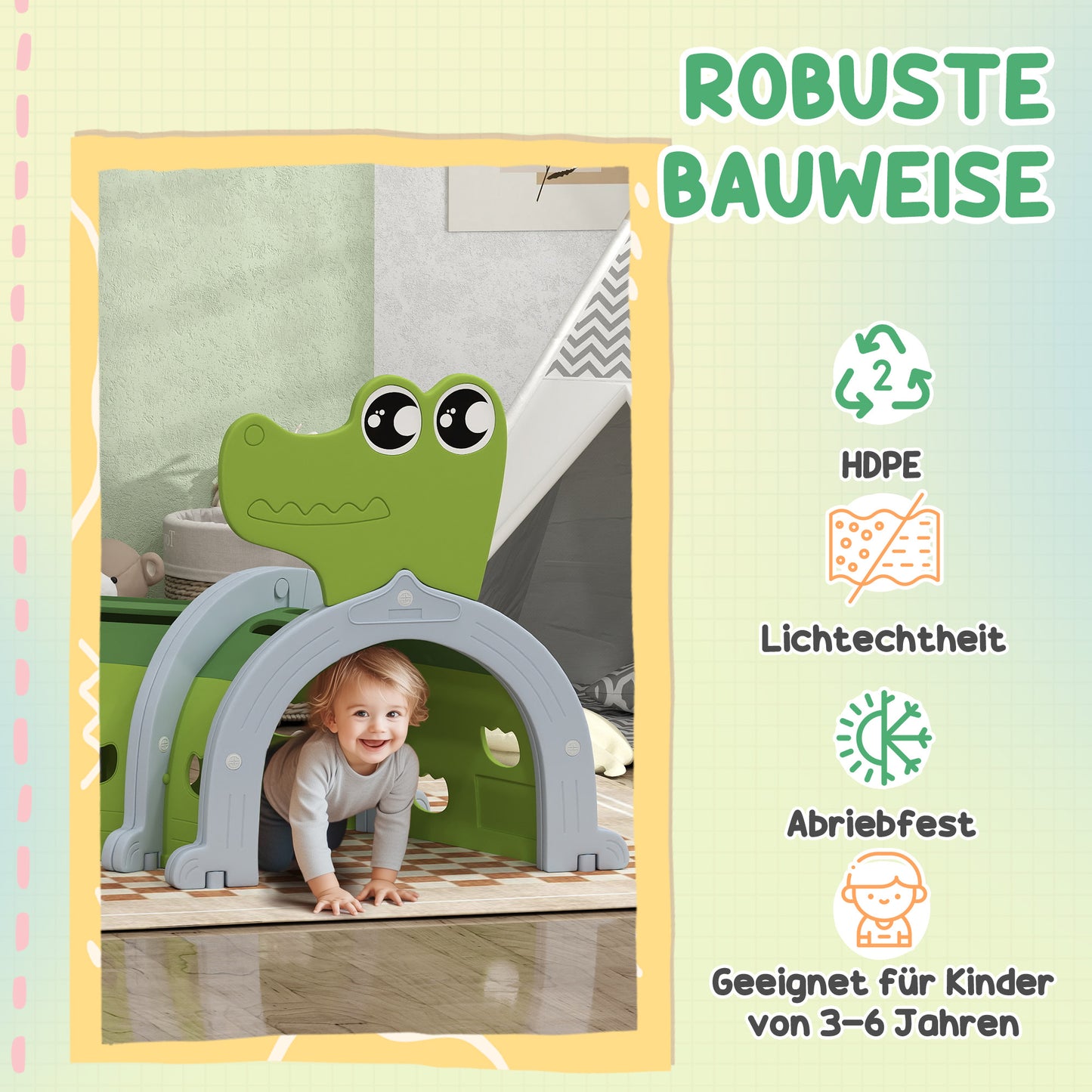 AIYAPLAY Krokodil Spieltunnel, flexible Form, robust, für Kinder 3-6 Jahre, 194 x 88 x 92 cm, Grün