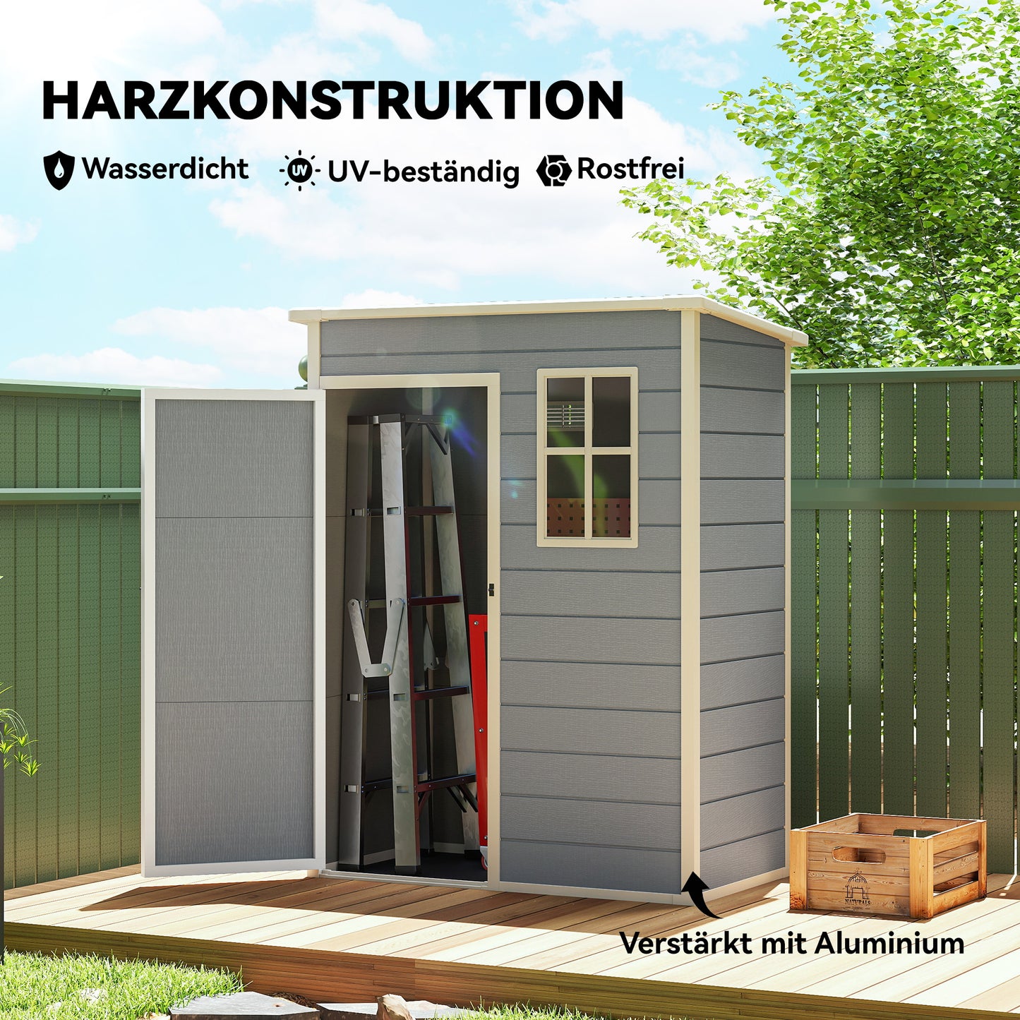 Outsunny Gerätehaus Kunststoff 1,14m² 151 x 92 x 193cm Geräteschuppen mit Pultdach Boden Fenster Grau