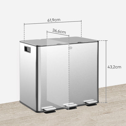HOMCOM Mülleimer mit 3 x 20 L Fächern, Deodorant-Deckel, fingerabdrucksicher, Soft-Close, herausnehmbar, Silber