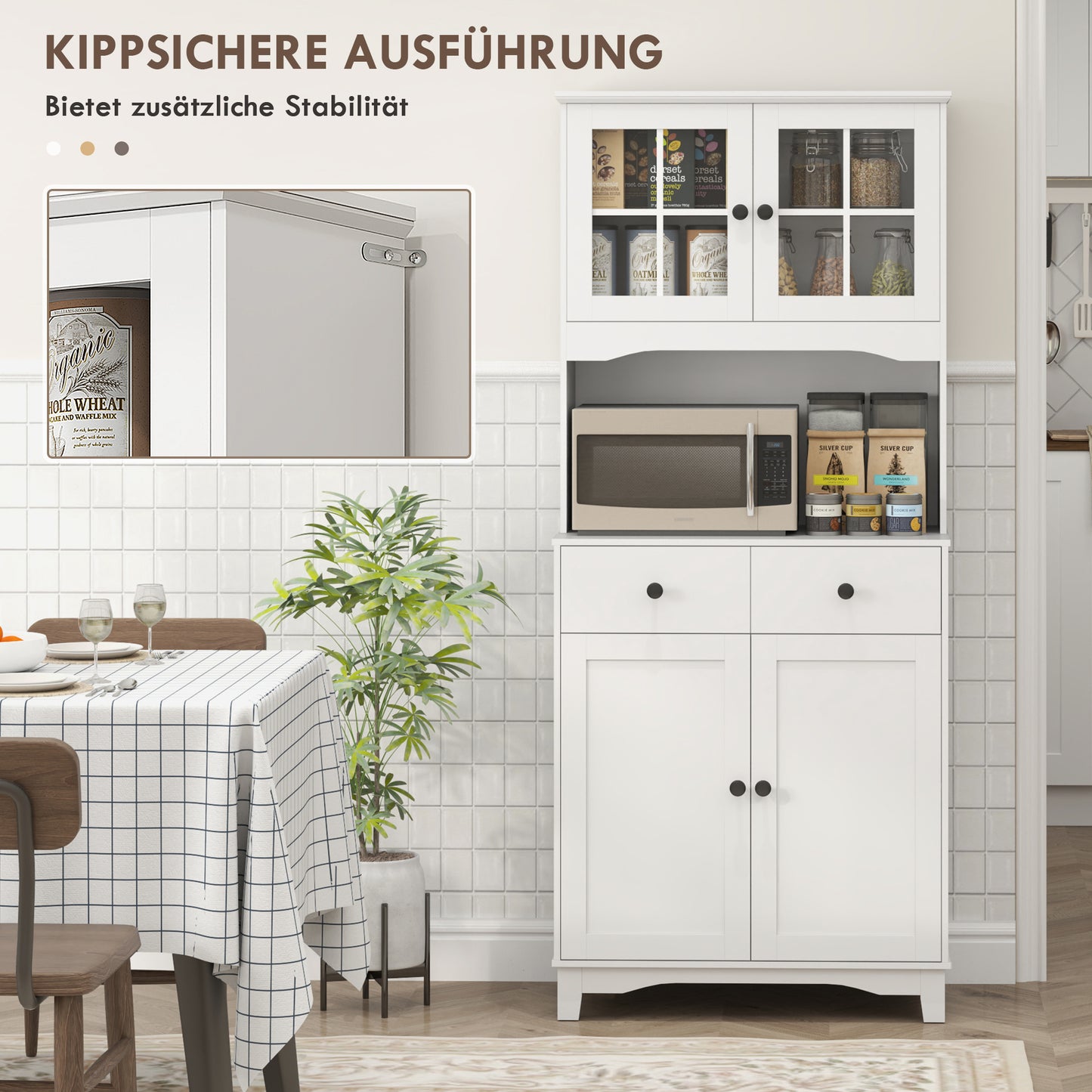 HOMCOM Freistehender Küchenschrank mit Arbeitsplatte für Mikrowelle, Kaffeemaschine, Schränke, Glastüren, Weiß