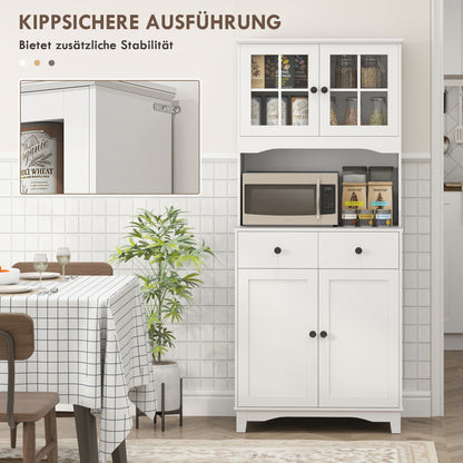 HOMCOM Freistehender Küchenschrank mit Arbeitsplatte für Mikrowelle, Kaffeemaschine, Schränke, Glastüren, Weiß
