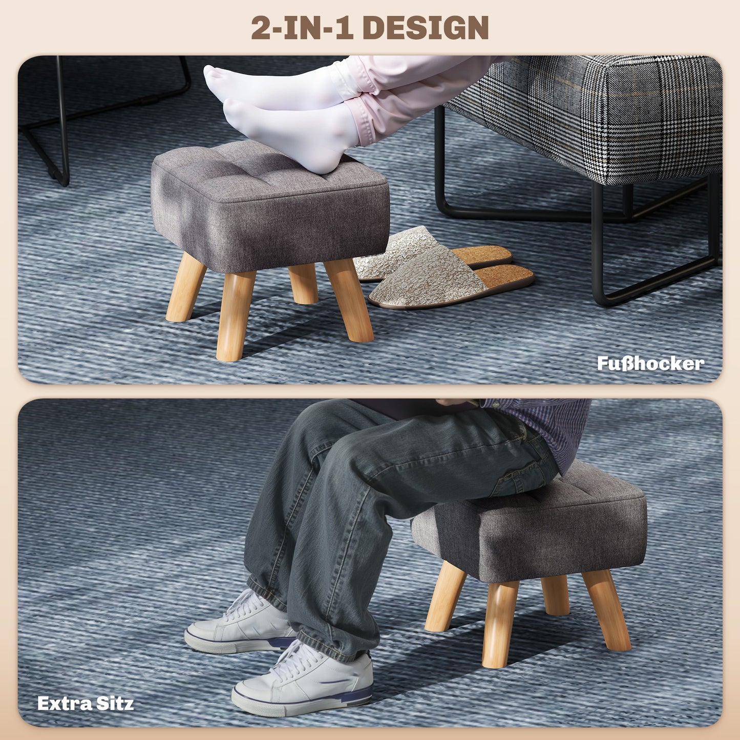 HOMCOM Fußhocker mit Polsterung, Leinenoptik, Holzbeine, bis 110 kg belastbar, Grau