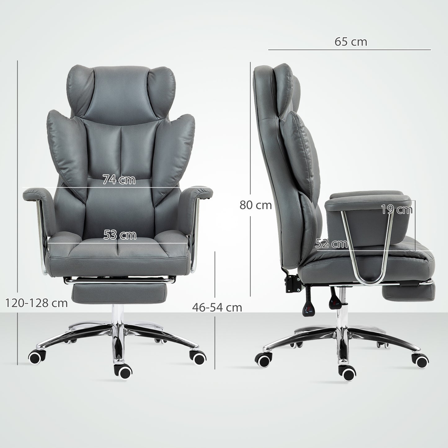 HOMCOM Ergonomischer Bürostuhl, gepolstert, mit Fußstütze, verstellbarer Lehne, 360° drehbar, Dunkelgrau