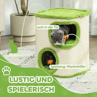 PawHut Kratzturm, 52 cm, Katzenhöhle mit Plüsch, Kratzfläche, Spielzeug, Grün/Cremeweiß