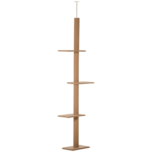 PawHut Kratzbaum Deckenhoch, 228-260 cm Höhenverstellbarer Katzenbaum Kletterbaum für Katzen mit 3 Ebenen, Katzenkratzbaum, Spielbaum vom Boden bis zur Decke Hellbraun