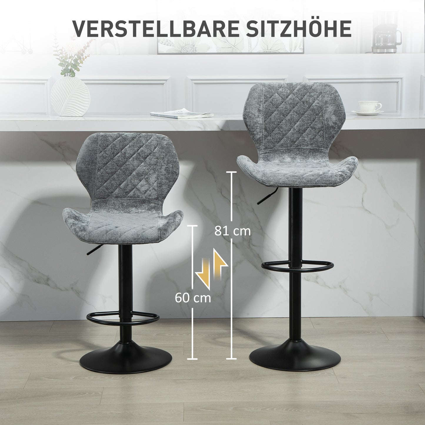 HOMCOM Barstühle im 2er-Set, Höhenverstellbare Küchenhocker mit Rückenlehne, Gaslift, Fußstütze, drehbar, Grau