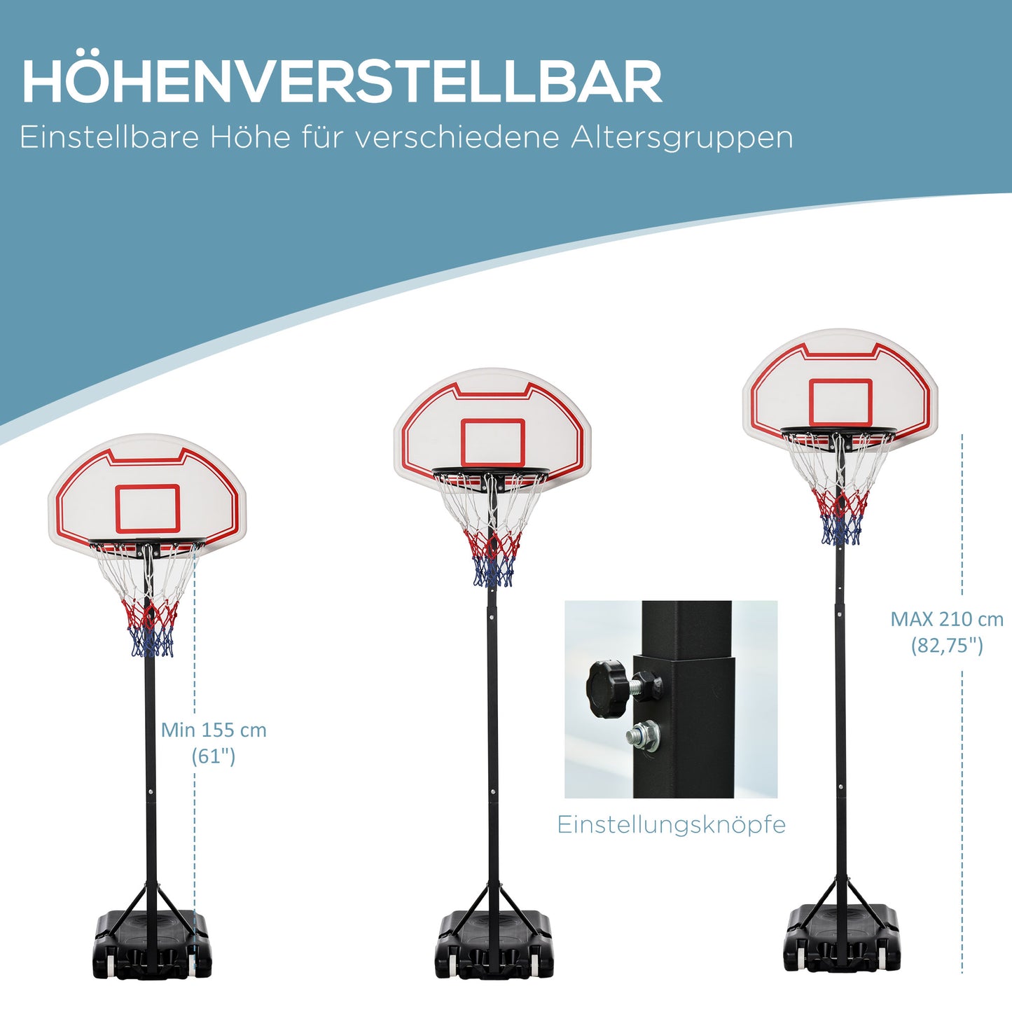 HOMCOM Basketballkorb Outdoor mit Rollen 155-210 cm Höhenverstellbar, Transportable Basketballständer mit Rollen, Tragbar Basketballkorb PE+Stahl