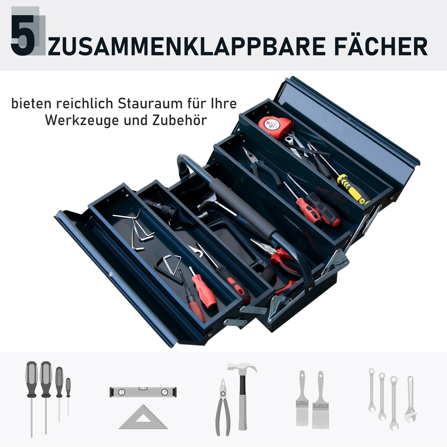 DURHAND Werkzeugkoffer Werkzeugkiste 5 Fächer aufklappbar Stahl (SPCC) Dunkelgrün 56 x 20 x 41 cm