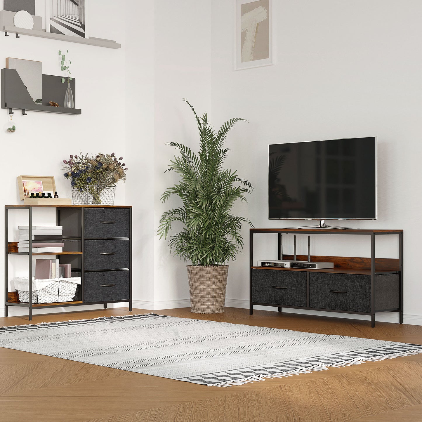 HOMCOM Aufbewahrungs-Kommode, 3 Stoffschubladen, Regale, Metallrahmen, Braun+Grau