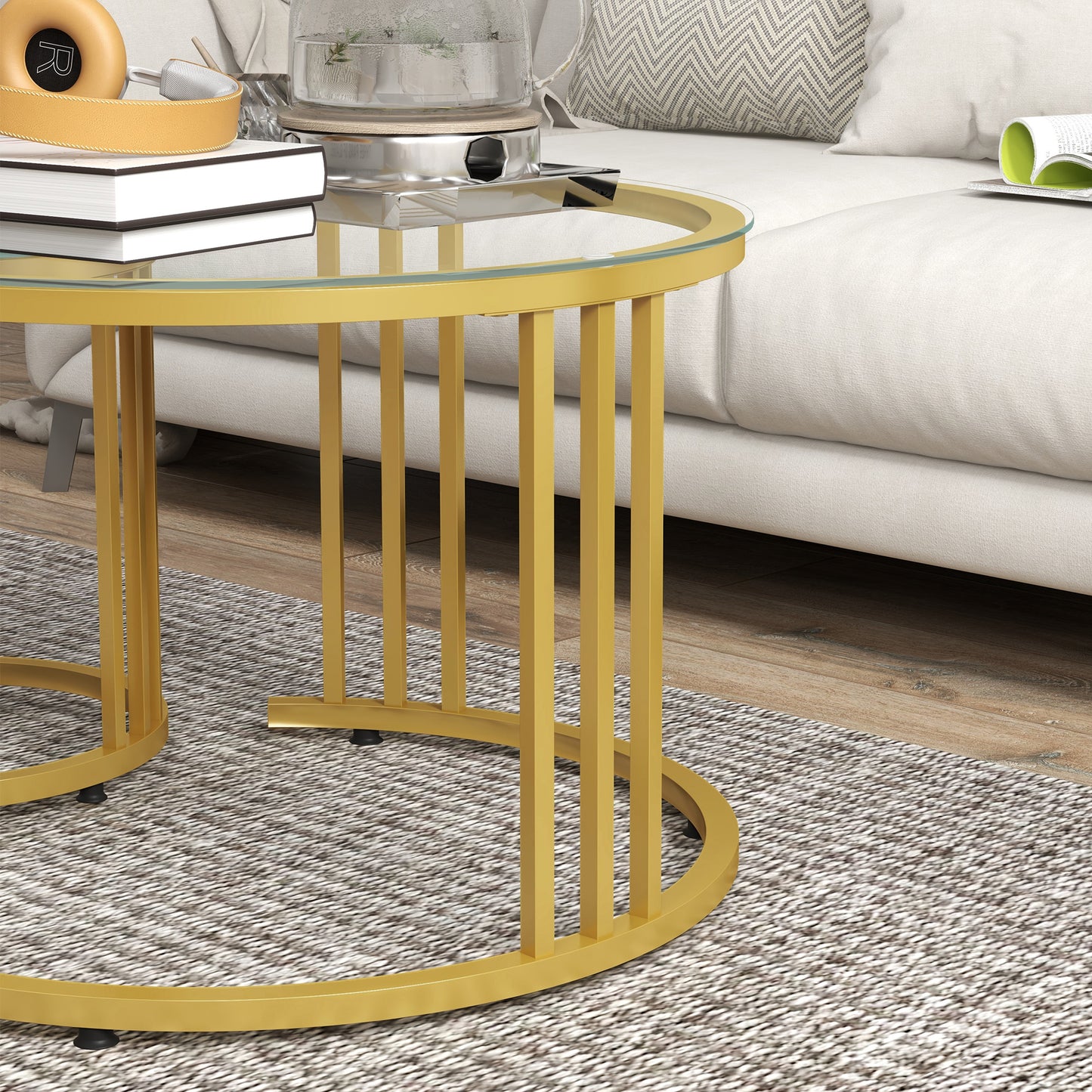 HOMCOM Beistelltisch-Set, 2 Satztische, Karbonstahl, Glasplatte, Ø60x47/Ø40x42 cm, Gold