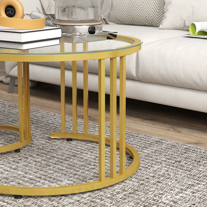 HOMCOM Beistelltisch-Set, 2 Satztische, Karbonstahl, Glasplatte, Ø60x47/Ø40x42 cm, Gold