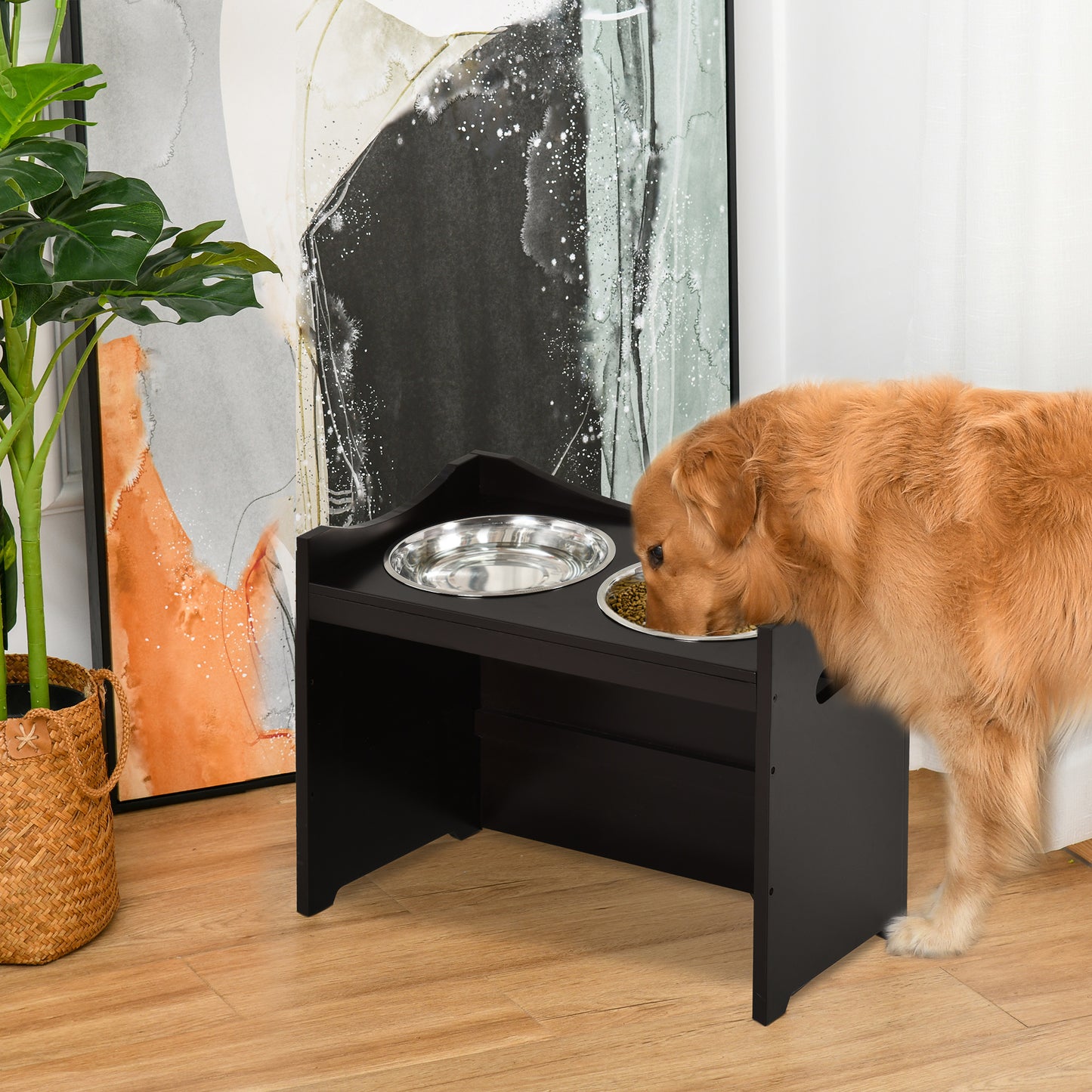 PawHut Erhöhter Hundenapf Höhenverstellbar Futternapf mit Ständer Wassernapf 2 x 2L Edelstahlnäpfen Langsamfutternapf verstellbar Fressnapf Futterstation Hundenäpfe für alle Hundegrößen, Kaffee