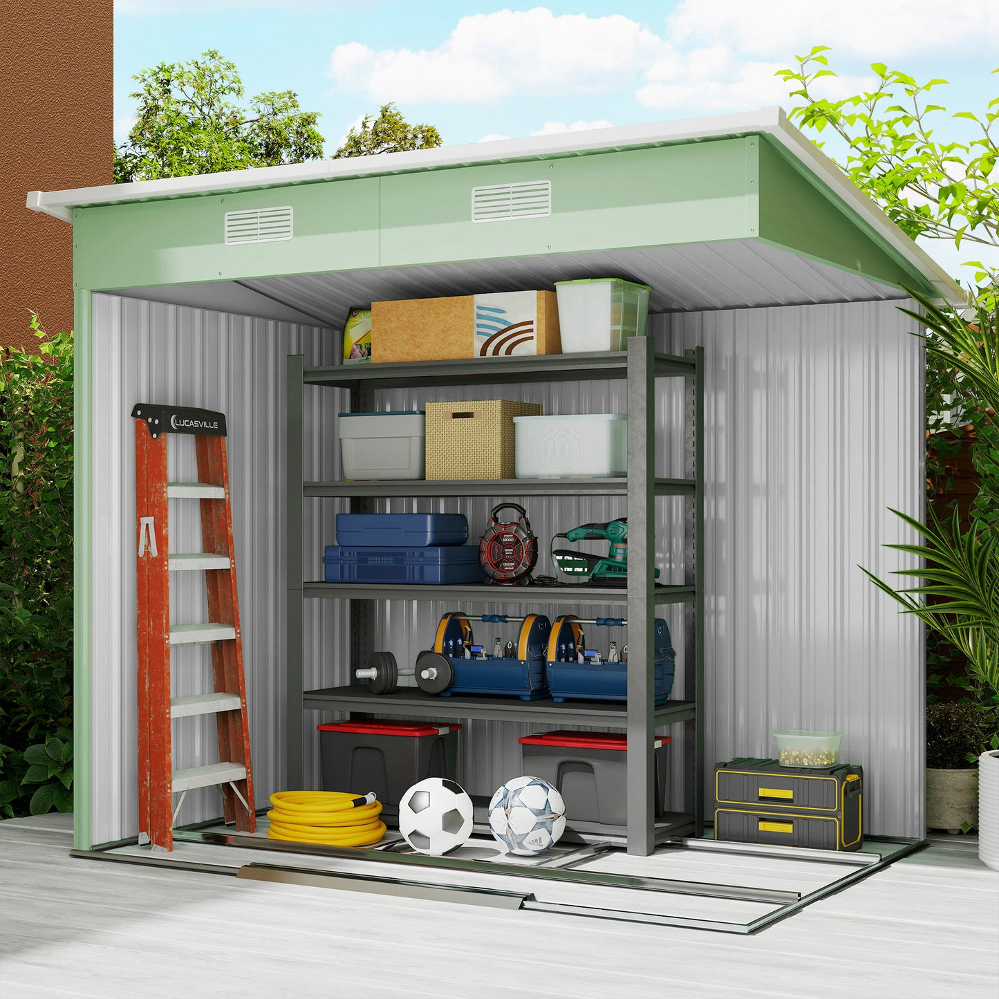 Outsunny Gerätehaus Metall 2,3 m² 207 x 130 x 182 cm Geräteschuppen mit Pultdach Fenster Bodenrahmen Grün