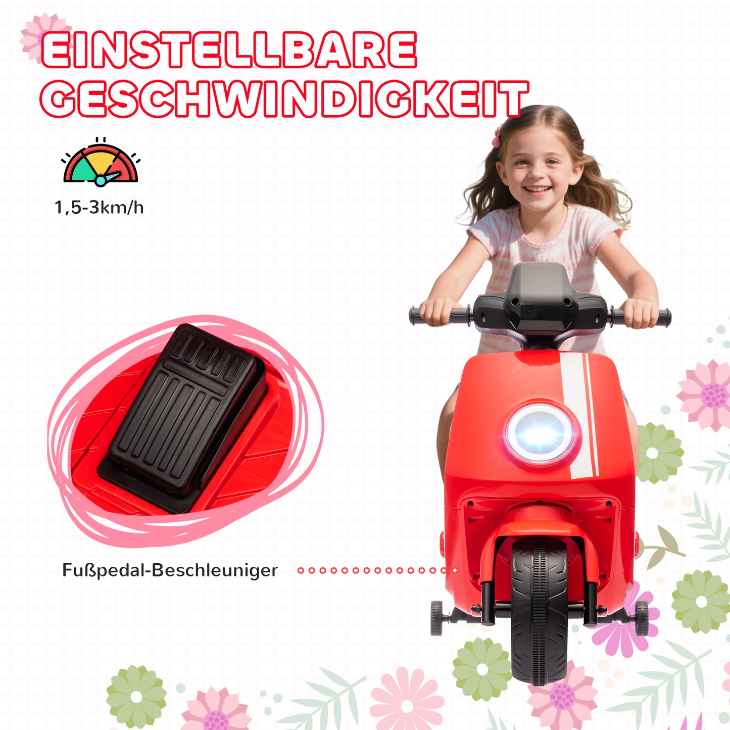 AIYAPLAY 6V Elektro-Motorrad für Kinder, mit Scheinwerfer und Musik, Vor- och Rückwärtsgang, Trainingsräder, 18-36 Monate, Rot