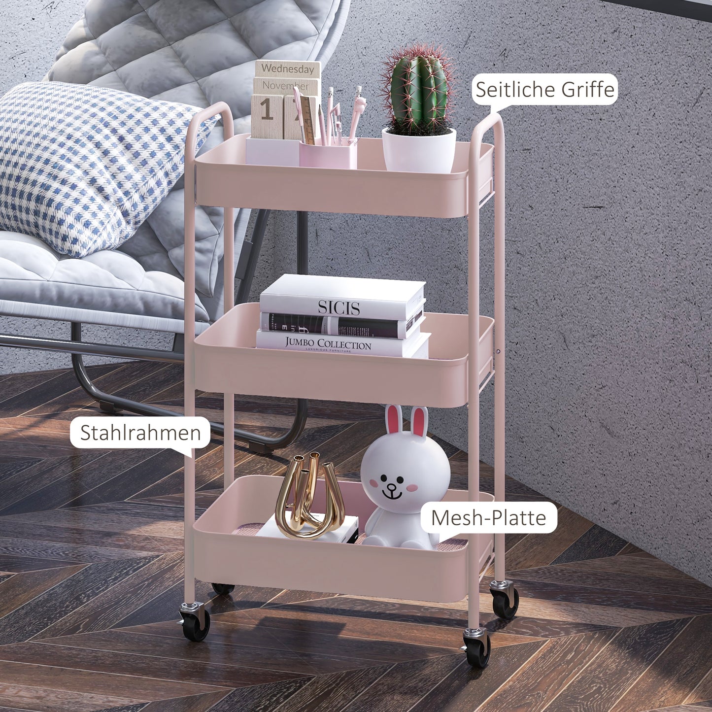 HOMCOM Mehrzweckwagen Rollwagen Küchenwagen, 3 Regale, 4 Rollen, 45 cm x 30,6 cm x 79 cm, Rosa