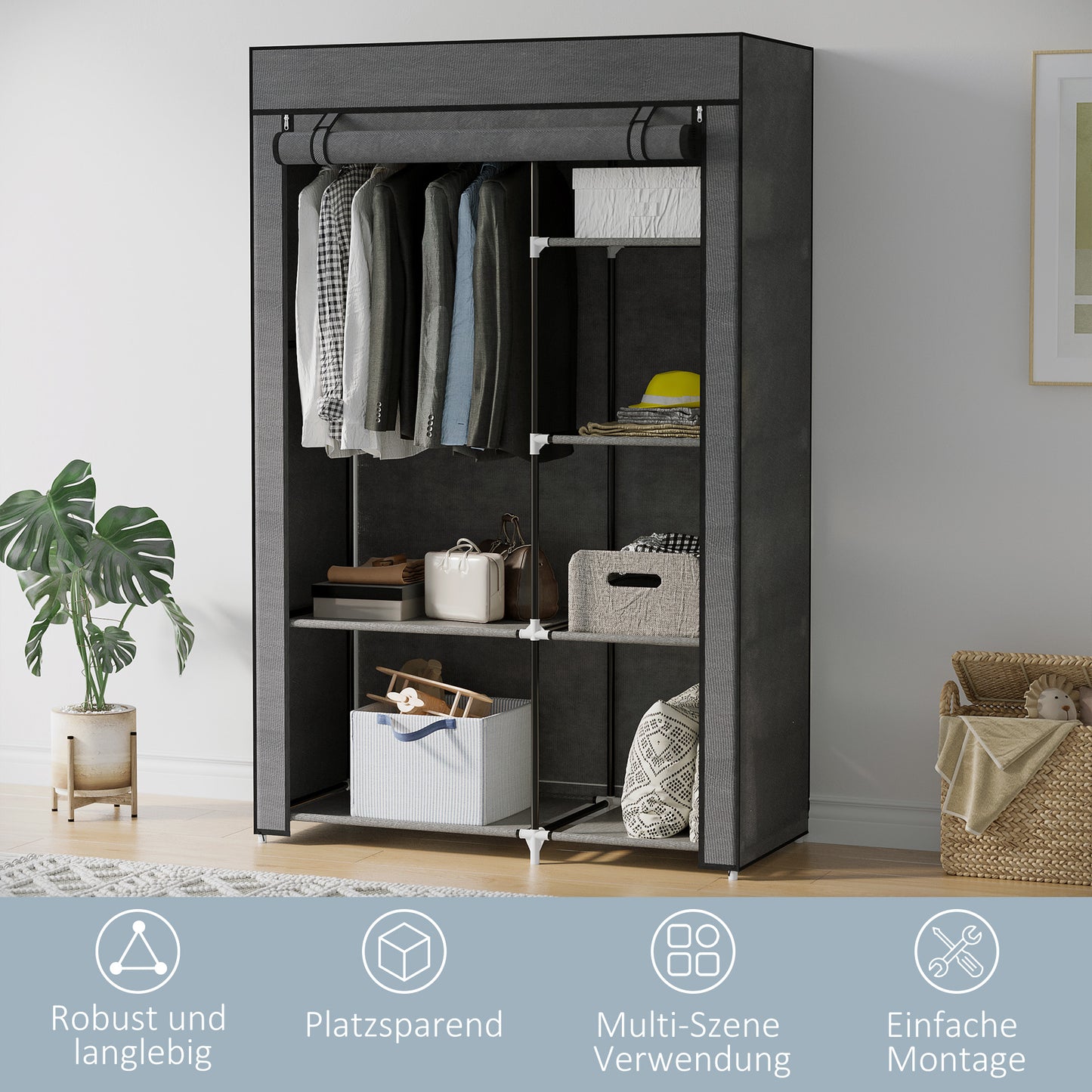 HOMCOM Schrank aus Stoff, Aufbewahrungslösung, 6 Regale, 1 Kleiderstange, Dunkelgrau