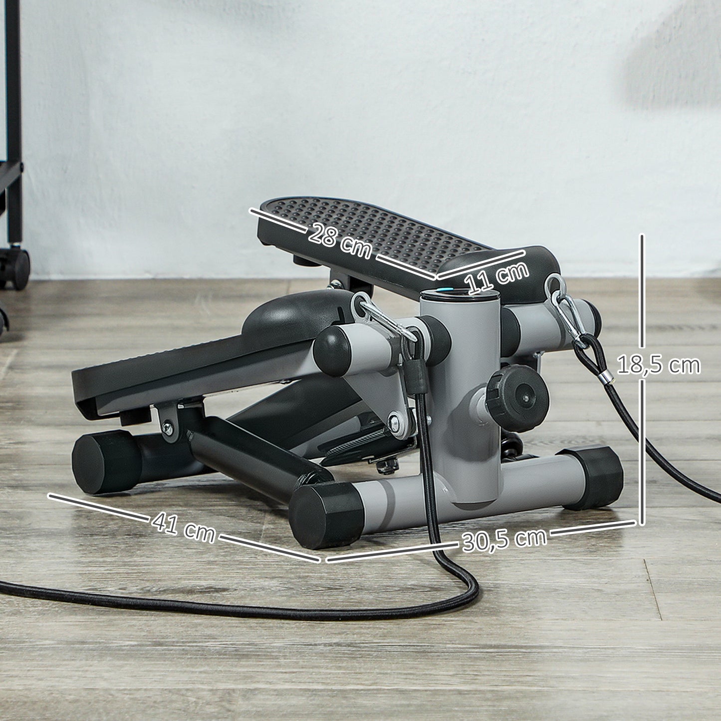 SPORTNOW 2 in 1 Mini-Stepper för Zuhause mit Power Ropes, LCD-Display Up-Down Swing Stepper 41 x 30,5 x 18,5 cm Grau