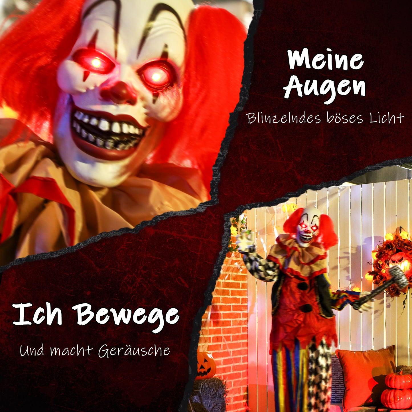 Outsunny Grusel-Clown, Halloween-Animatronik, 173 cm, leuchtende Augen, Geräusch-Aktivierung, bewegliche Arme und Kopf, Batteriebetrieb, Kunststoff, Metall, Rot