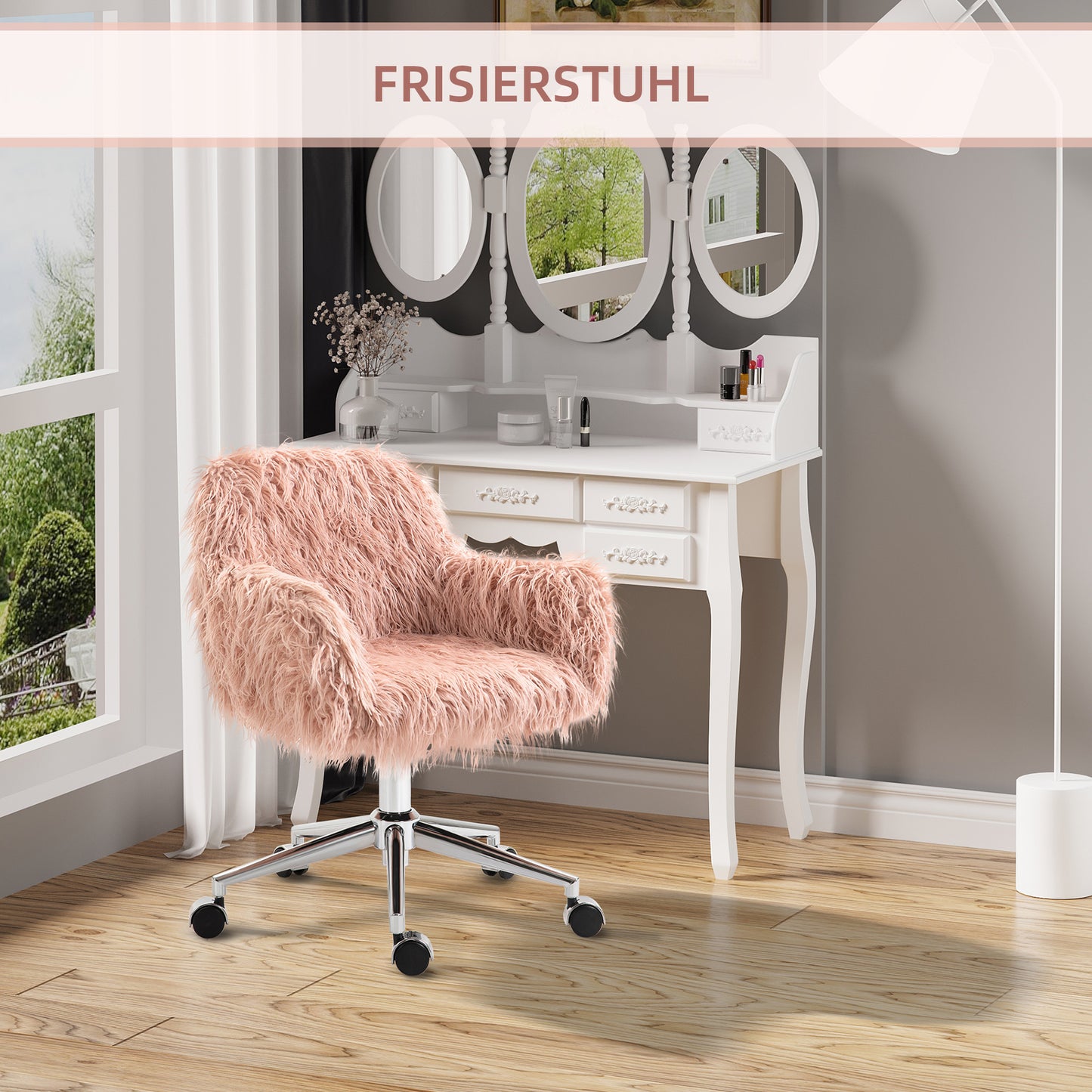 Vinsetto Chefsessel Drehstuhl Computerstuhl Schminkstuhl mit Kunstfell Sitzhöhenverstellung für Mädchen Kunstpelz Schaumstoff Rosa+Silber 57 x 60 x 75-85 cm