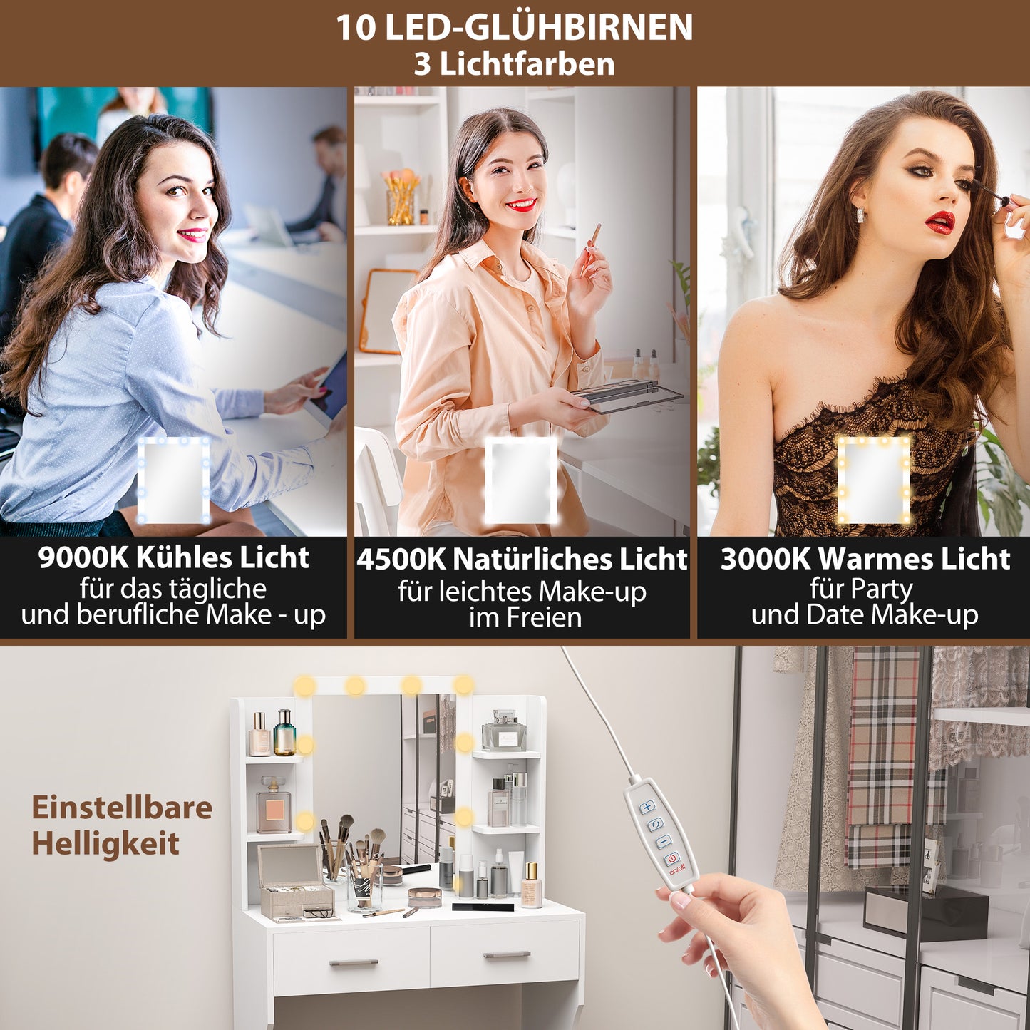 HOMCOM Schminktisch mit Spiegel und dimmbaren LED-Lampen, Schubladen, Regale, Weiß