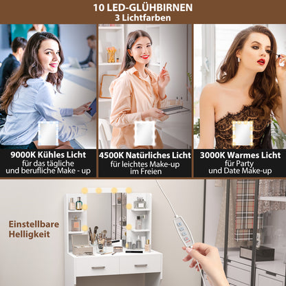 HOMCOM Schminktisch mit Spiegel und dimmbaren LED-Lampen, Schubladen, Regale, Weiß