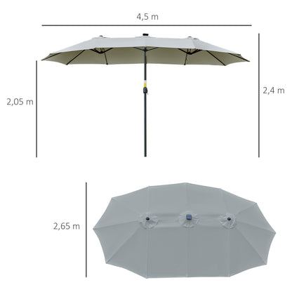 Outsunny Sonnenschirm mit LED Solar 4,5m Doppelsonnenschirm Gartenschirm Marktschirm Terrassenschirm Oval Hellgrau+Schwarz