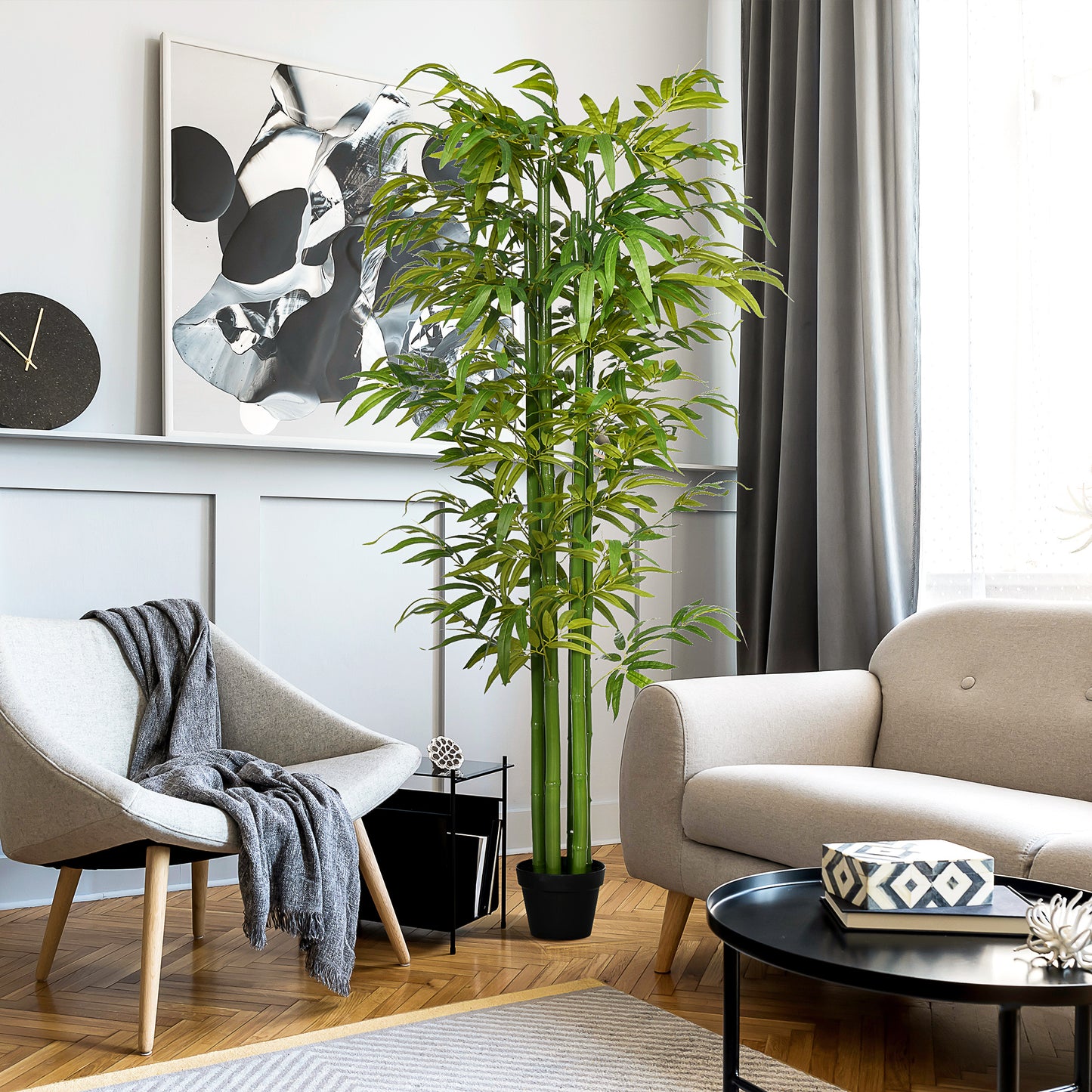 HOMCOM Kunstbambus, realistisches Aussehen, mit Blumentopf, für Indoor, 180 cm, Grün/Schwarz