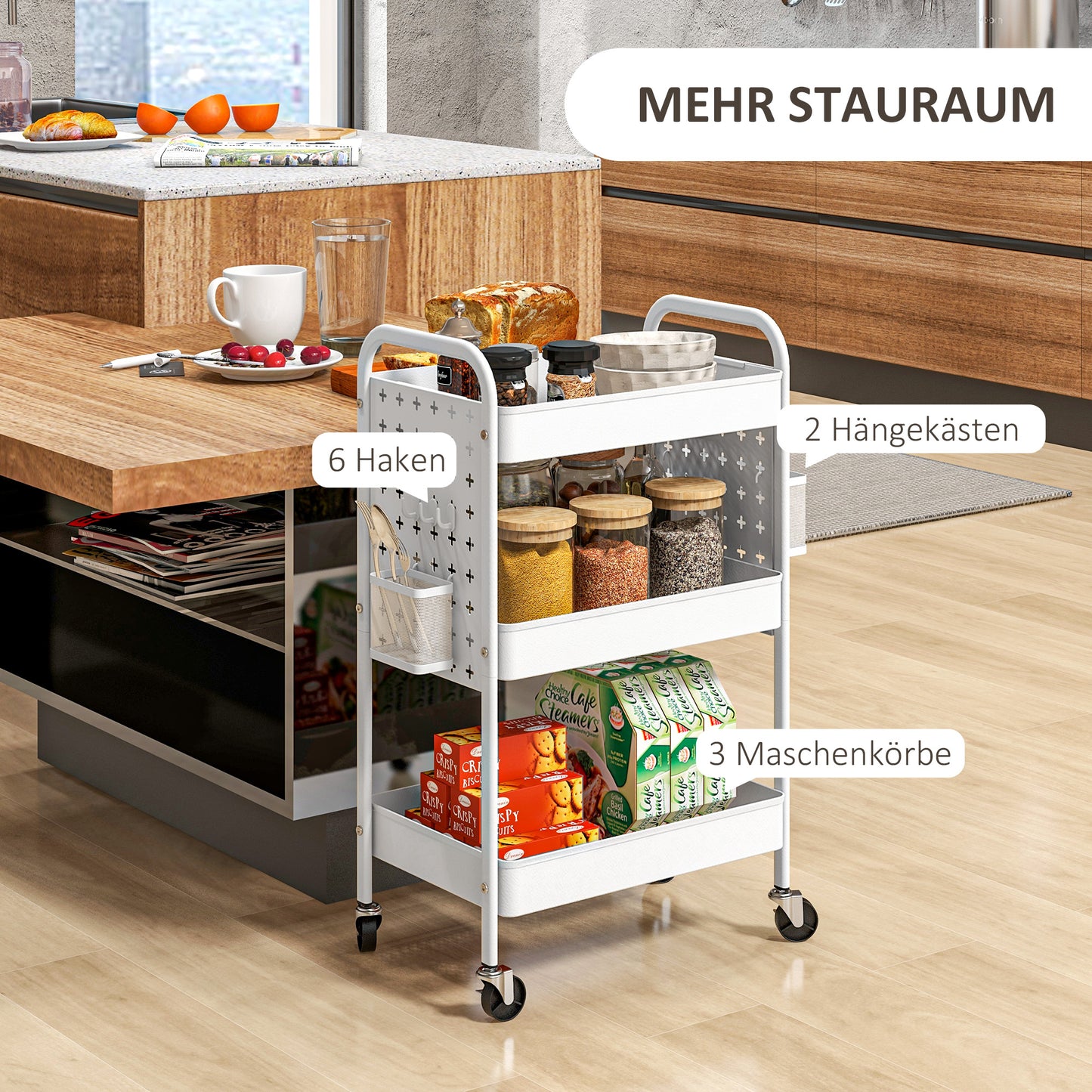 HOMCOM Mehrzweckwagen Rollwagen Küchenwagen, 3 Regale, 4 Rollen, 53,5 cm x 30,5 cm x 75 cm, Weiß