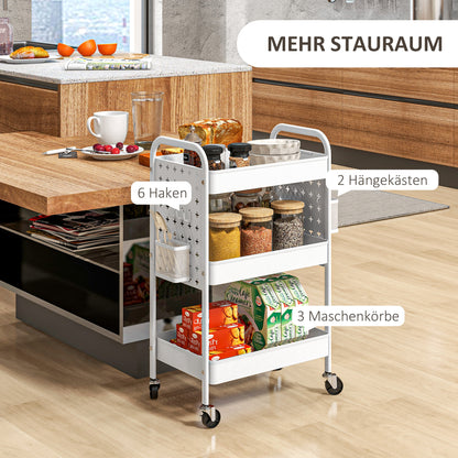 HOMCOM Mehrzweckwagen Rollwagen Küchenwagen, 3 Regale, 4 Rollen, 53,5 cm x 30,5 cm x 75 cm, Weiß