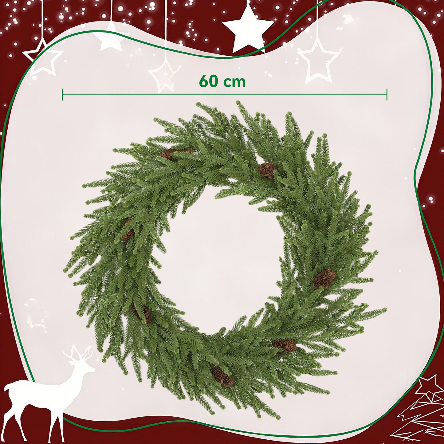 HOMCOM Weihnachtskranz mit Zapfen, Türkranz Künstlicher Weihnachtskranz für Tür Grün, Ø60 x 15 cm