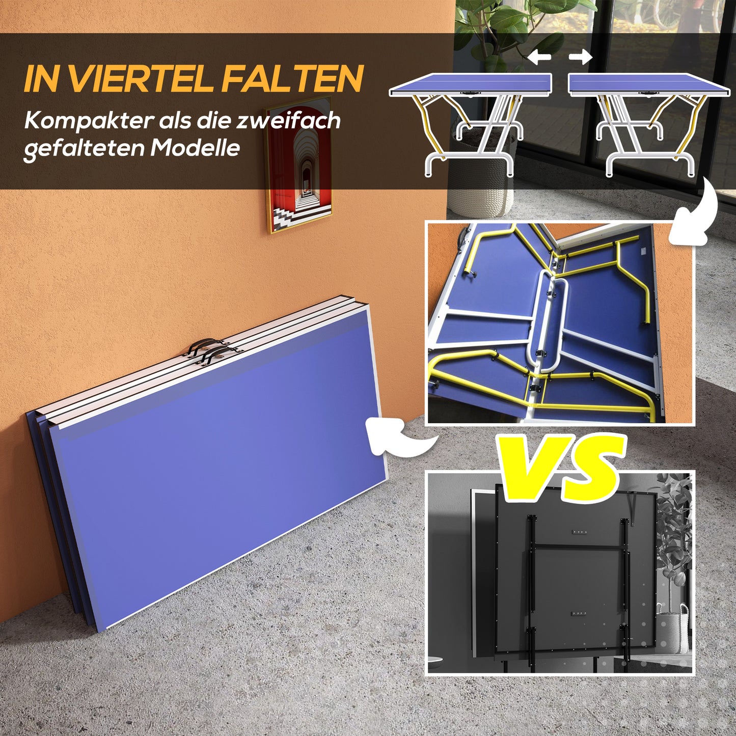 SPORTNOW Tischtennisplatte, klappbar, inkl. 2 Schläger, 3 Bälle, Netz, In- & Outdoor, Metallgestell, 274x152x76cm, Blau