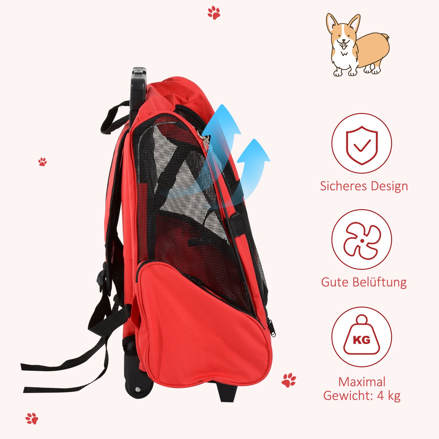 Pawhut Hundetransporttasche, Haustierrucksack, 2-in-1-Design, ausziehbarer Griff, Seitentaschen, Rot, 42 x 25 x 55cm