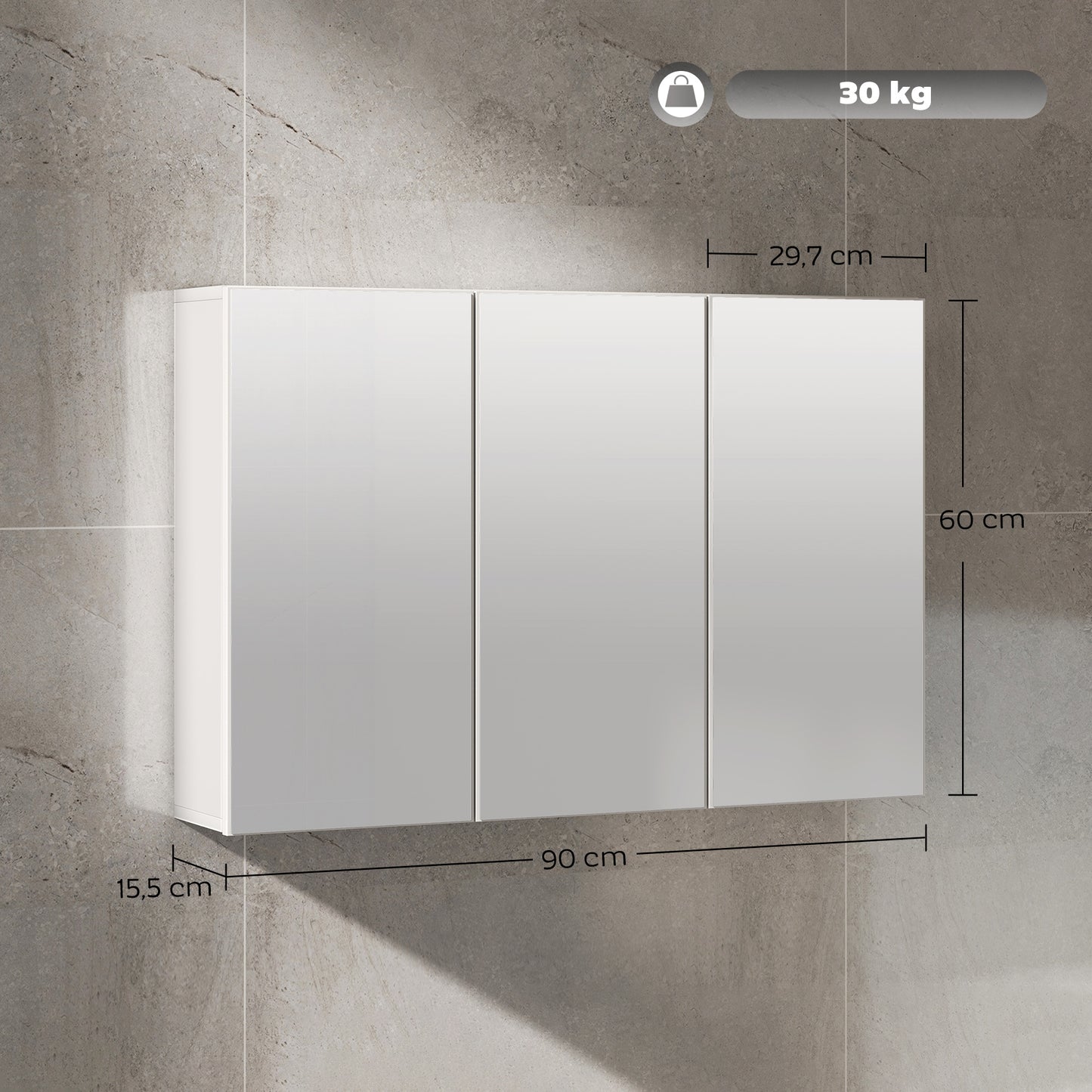 HOMCOM Badezimmerspiegelschrank, Badschrank mit 3 Spiegeltüren, Wandmontage, 90 x 15,5 x 60 cm, Spanplatte, Weiß