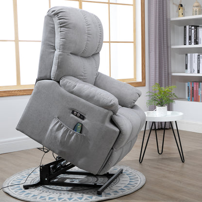 HOMCOM Sessel mit Aufstehhilfe, Massagesessel, Relaxsessel mit USB-Anschluss, Fernsehsessel mit Fernbedienung, Seitentasche, Neigebarer TV-Sessel mit Samtoptik, Grau